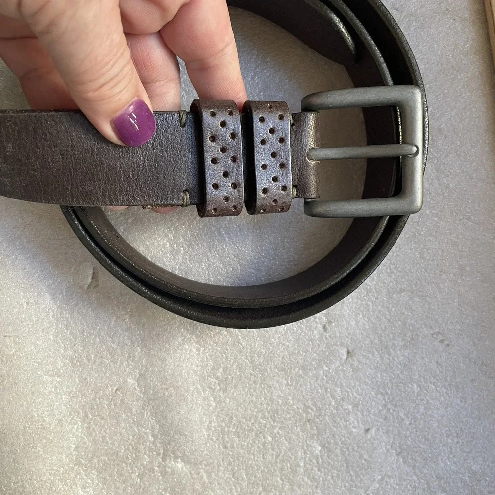 Brown Leather Belt Men 42 Brushed Metal Buckle Dual Perforated Keepers Rugged‎